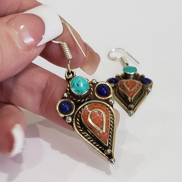 Tibetan Turquoise Lapis Lazuli Gem 925 Drop Earrings - Picture 8 of 12